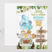 Safari Auto, Ballons, Dschungeltiere Junge Geburts Einladung (Vorne/Hinten)