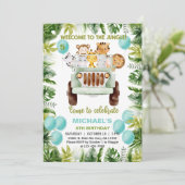 Safari Auto, Ballons, Tiere Junge Geburtstag einla Einladung (Stehend Vorderseite)