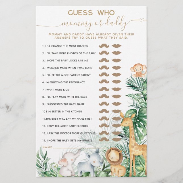 Safari Baby Animal Greenerity Baby Shower Guess Sp (Vorderseite)