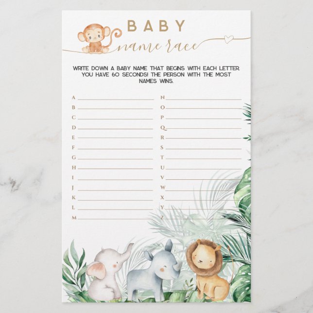 Safari Baby Animal Greenery Baby Name Race (Vorderseite)