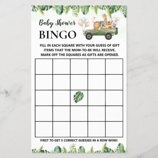 Safari Baby Animals Dusche Bingo Game Card Flyer (Vorne)