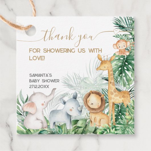 Safari Baby Animals Greenerity Baby Dusche Danke Geschenkanhänger (Vorderseite)