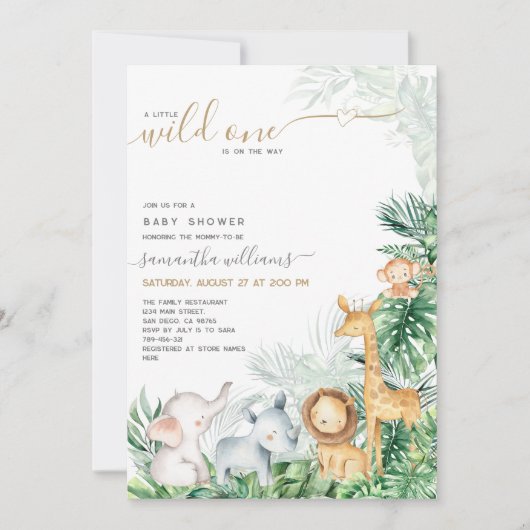 Safari Baby Animals Greenery Baby Shower Einladung (Vorderseite)