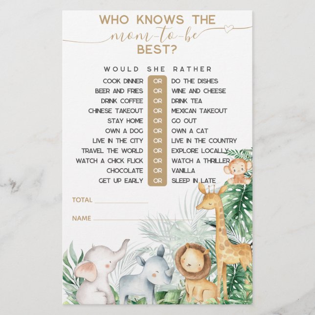 Safari Baby Animals Greenery Baby Shower Spiel (Vorderseite)