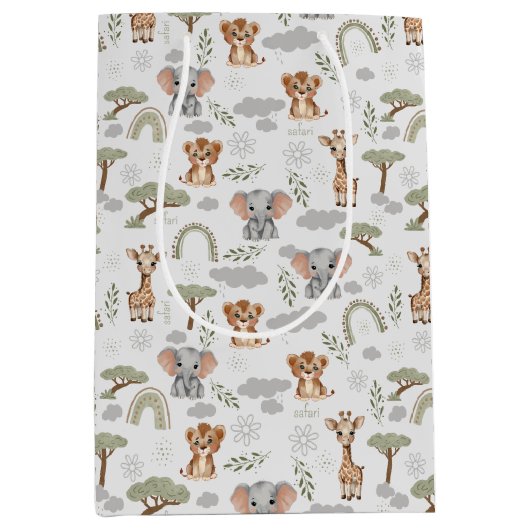Safari Baby Animals Rainbows Baby Shower Mittlere Geschenktüte (Vorderseite)