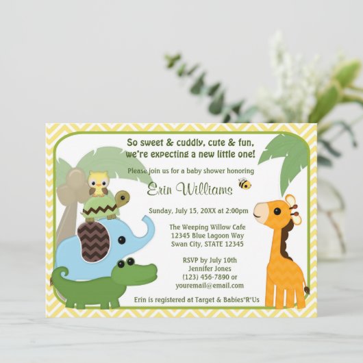 Safari-Baby-Babypartyeinladung Tiere Einladung (Stehend Vorderseite)