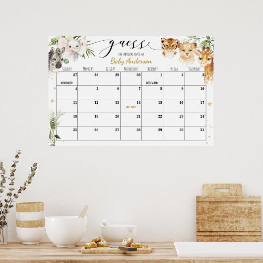 Safari Baby Dusche Ratschlag Fälliges Datum Kalend Poster (Küche)