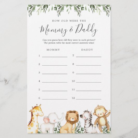 Safari Baby Dusche wie alt waren sie Spielkarte (Vorderseite)