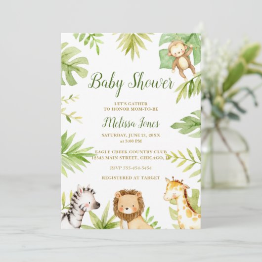 Safari Baby Duwer Invitation Jungle GenderNeutral Einladung (Stehend Vorderseite)