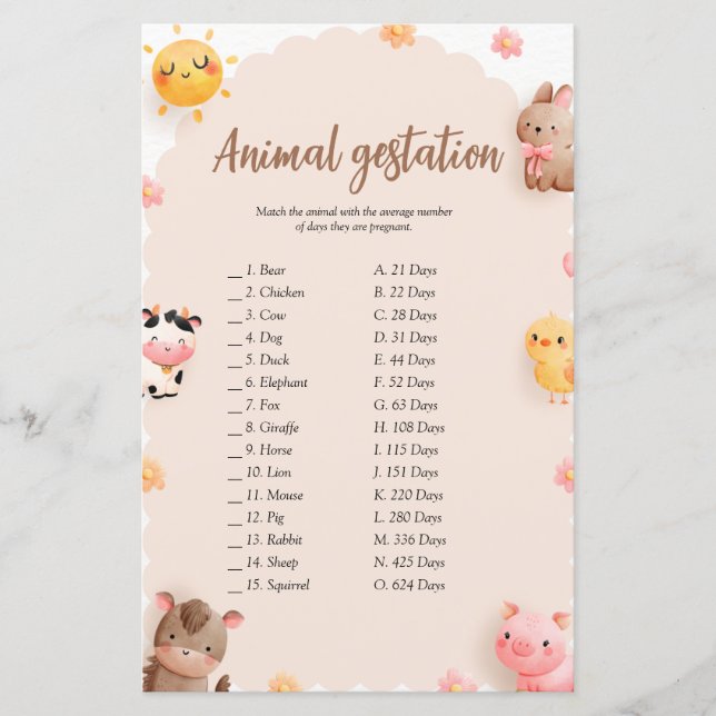 Safari Baby Shower Animal Gestation Game (Vorderseite)