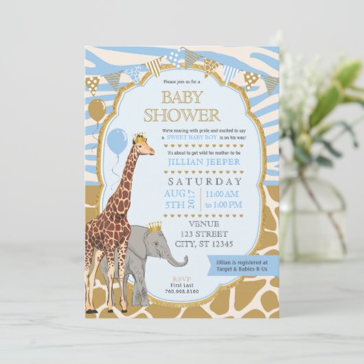 Safari Baby Shower Einladung - Blue Boy (Stehend Vorderseite)
