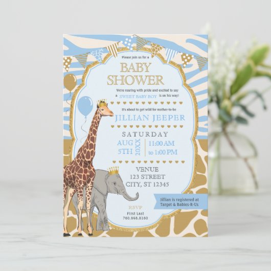 Safari Baby Shower Einladung - (Boy Blue) (Stehend Vorderseite)