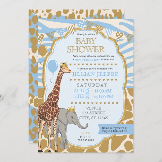 Safari Baby Shower Einladung - (Boy Blue) (Vorne/Hinten)