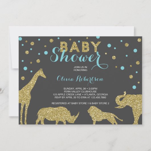 Safari Baby Shower Einladung, Imitats Gold, Aqua Einladung (Vorderseite)
