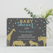 Safari Baby Shower Einladung, Imitats Gold, Aqua Einladung (Stehend Vorderseite)