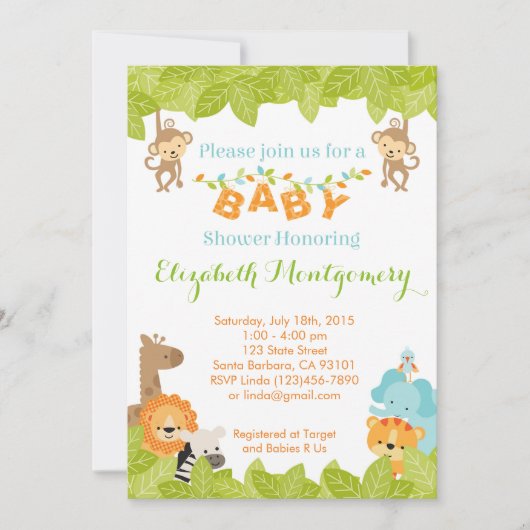 Safari Baby Shower Einladung mit Tieren (Vorderseite)