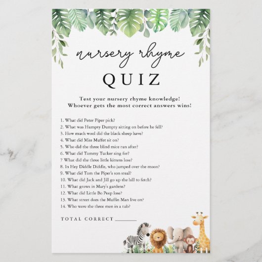 Safari Baby Shower Game Kinderzimmer Rhyme Quiz Fl Flyer (Vorne)