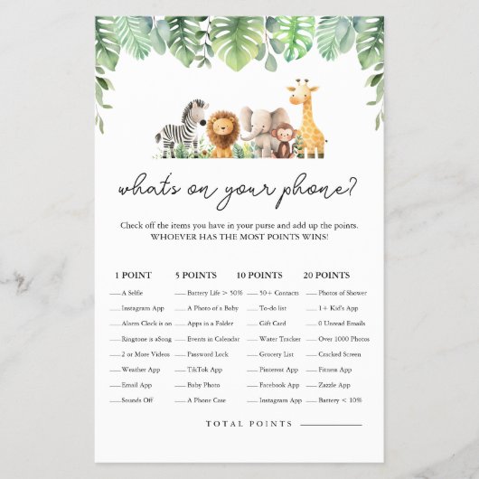 Safari Baby Shower Game - Was ist auf Ihrem Telefo Flyer (Vorne)