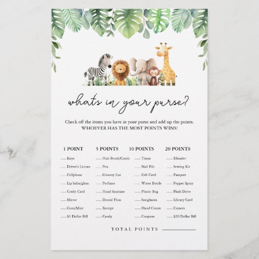 Safari Baby Shower Game - Was ist in Ihrer Tasche? Flyer (Vorne)