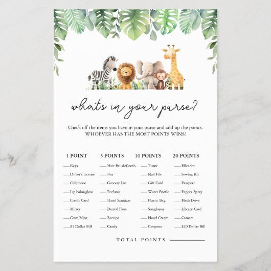 Safari Baby Shower Game - Was ist in Ihrer Tasche? Flyer (Vorne)