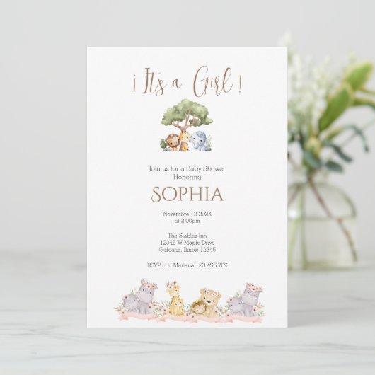 Safari Baby Shower Girl Einladung (Stehend Vorderseite)