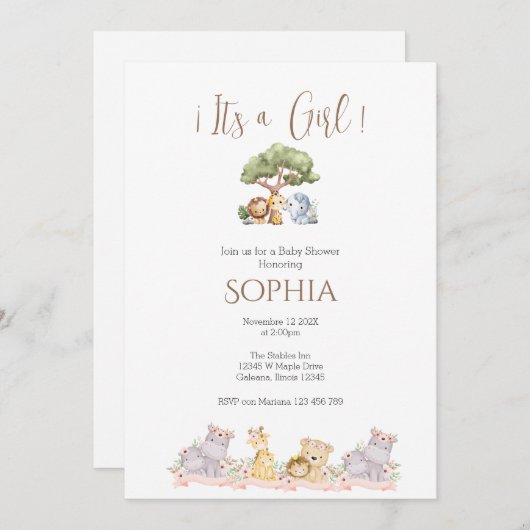 Safari Baby Shower Girl Einladung (Vorne/Hinten)