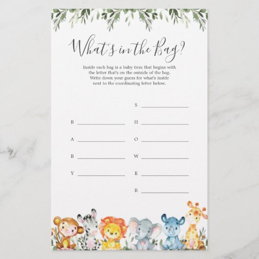 Safari Baby Shower Guess Was ist im Bag Game? (Vorderseite)
