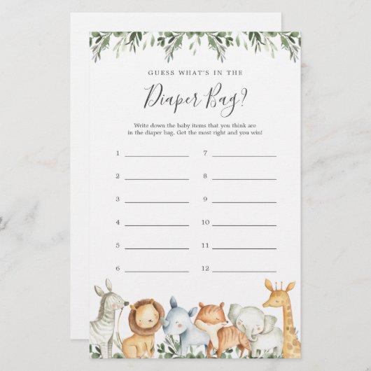 Safari Baby Shower rät, was in der Windelbeutel is (Vorne/Hinten)