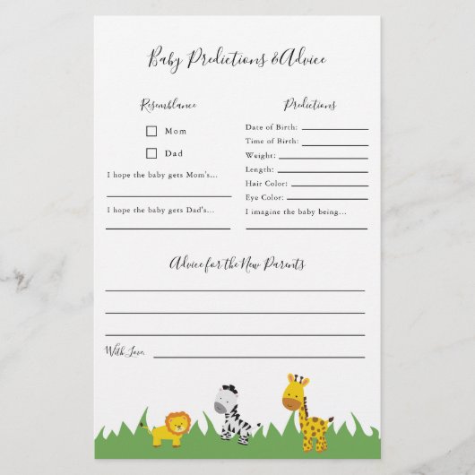 Safari Baby Shower Vorhersagen und Advice Game Flyer (Vorne)