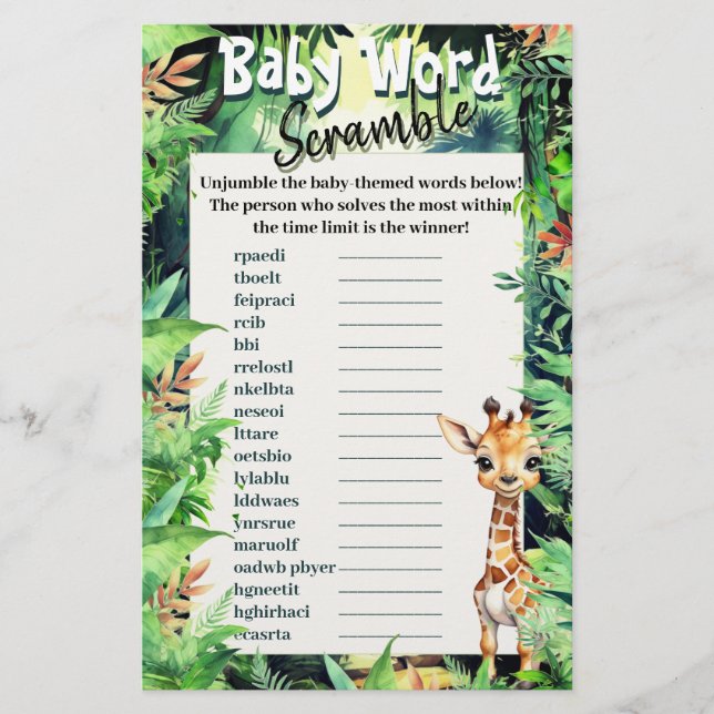 Safari Baby Shower Word Scramble Giraffe Green (Vorderseite)