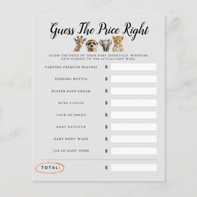 Safari Baby Showspiel schätzen den Preis (Vorderseite)