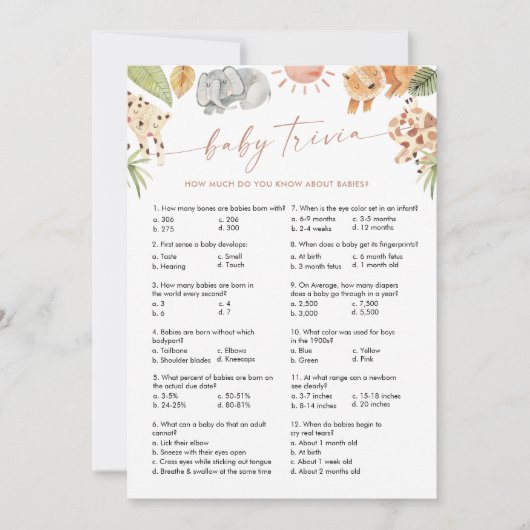 SAFARI Baby Trivia Baby Showspiel Einladung (Vorderseite)