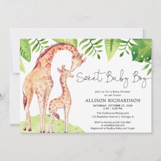 Safari Babydusche mit Baby Boy giraffe Einladung (Vorderseite)