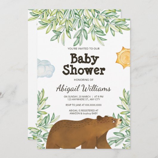 Safari Bear Greenery Watercolor Babydusche Einladung (Vorne/Hinten)