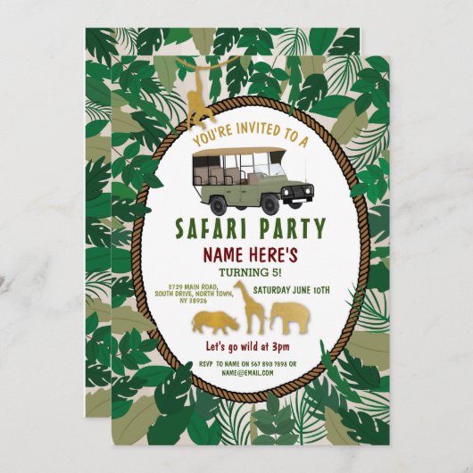 Safari Birthday Party Animals Wild Truck Jungle Einladung (Vorne/Hinten)