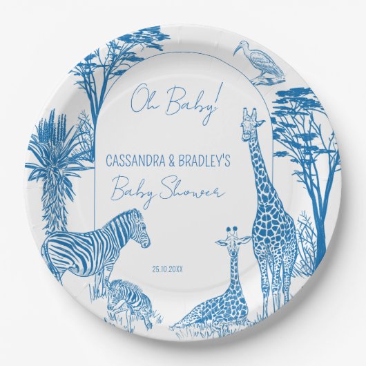 Safari-Blue-Toile-Giraffe-Babydusche mit Monogramm Pappteller (Vorderseite)