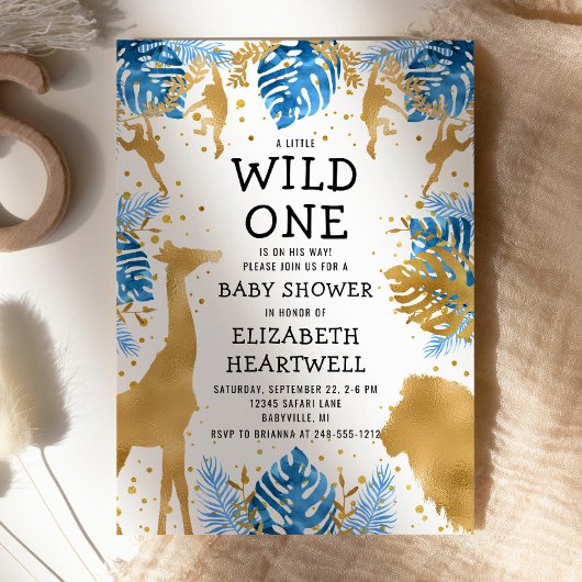 Safari Boy Baby Dusche Blue Gold Einladung