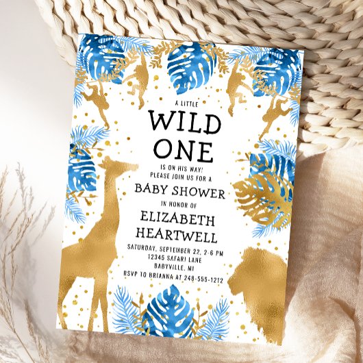 Safari Boy Baby Dusche Blue Gold Einladung Postkarte