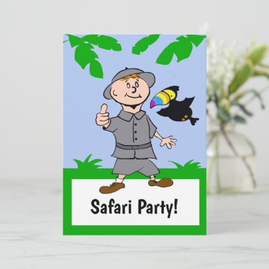 Safari Boy & Toucan Jungle Thema Einladung (Stehend Vorderseite)