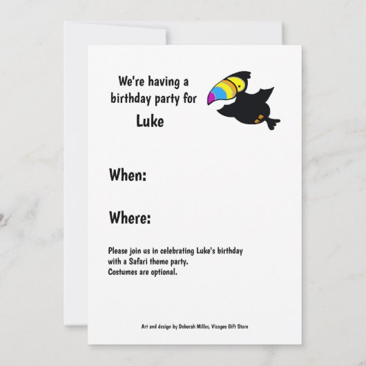 Safari Boy & Toucan Jungle Thema Einladung (Rückseite)