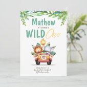 Safari Car Wild One Boy Birthday Einladung (Stehend Vorderseite)