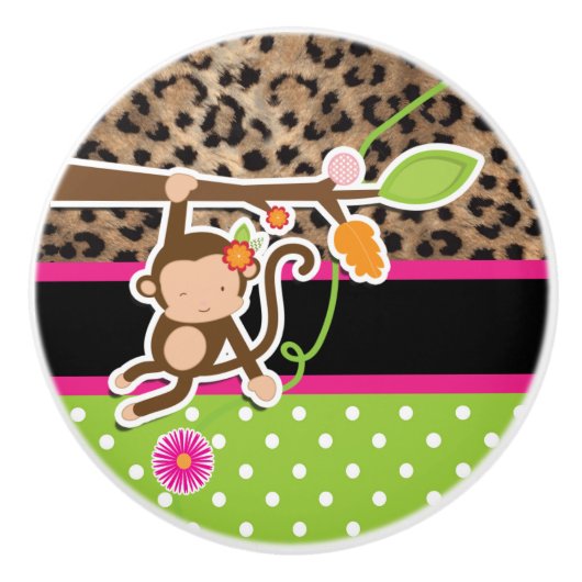 Safari Chic Monkey Leopard Cheetah Pink & Green Keramikknauf (Vorderseite)