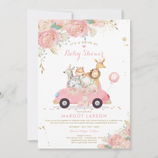 Safari Drive by Baby Dusche Einladung Rosa Blütenw (Vorderseite)