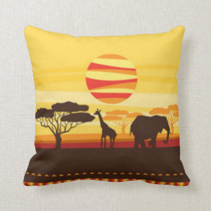 Safari-Dschungel-Elefant-Giraffen-Sonnenuntergang Kissen