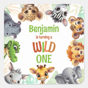 Safari-Dschungel-Tier-Kinder-Wilde-Eins-Geburtstag Quadratischer Aufkleber
