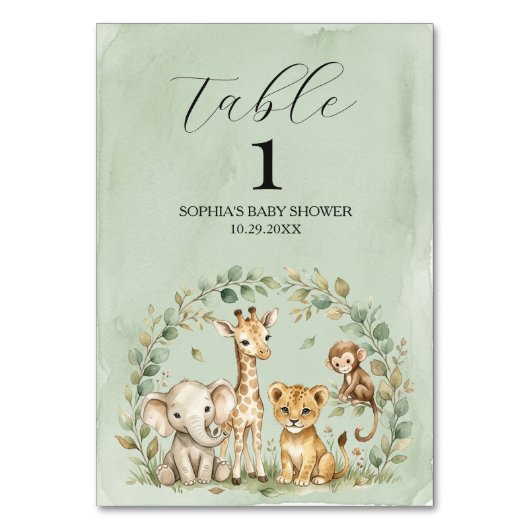 Safari-Dschungeltiere Babyshower-Tisch Tischnummer (Vorderseite)