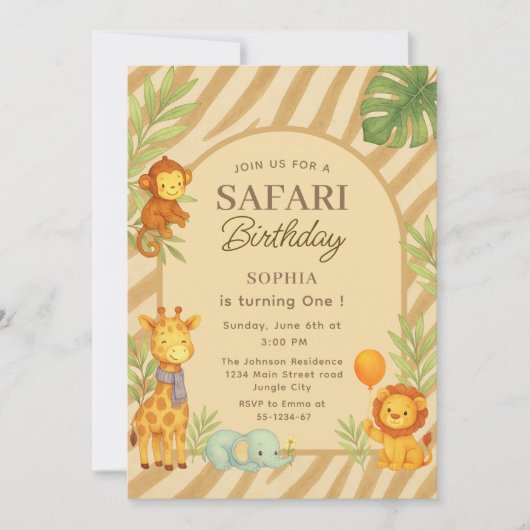 Safari-Dschungeltiere Erster Geburtstag Einladung (Vorderseite)