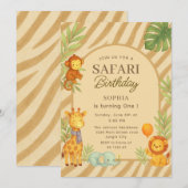 Safari-Dschungeltiere Erster Geburtstag Einladung (Vorne/Hinten)