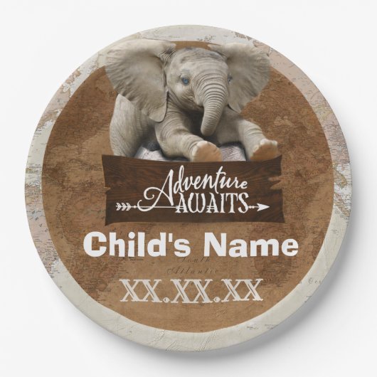 Safari-Elefant „Abenteuer erwarten dich“-Thema Pappteller (Vorderseite)