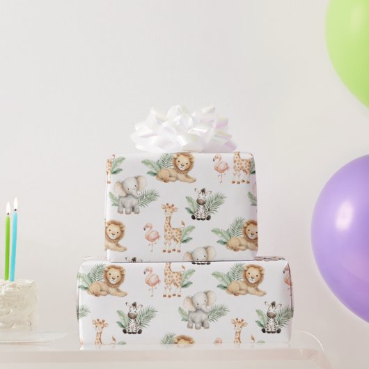 Safari Elefant Giraffe Zebra Flamingo Löwe Tier Geschenkpapier (Partygeschenke)
